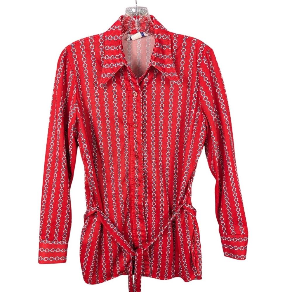 Vtg Sunny South Shirt Womens Medium Red Chain Print Long Sleeve Button Belted